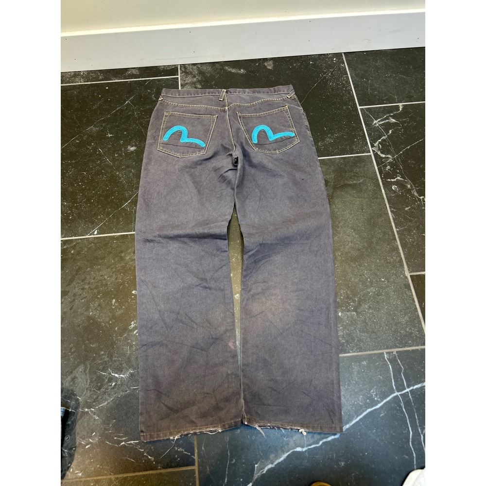 Evisu Daicock Jeans Faded Grey Turquoise Seagull Logo Straight Leg Mens 35x31.5